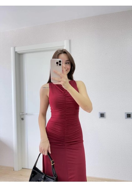 Bürümcük Kumaşlı Içi Astarlı Üzgülü Kolsuz Büzgülü Uzun Elbise - Kırmızı modelleri