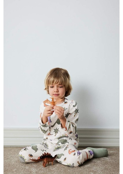 Yeni Sezon Erkek Bebek Pijama Takımı Dinazor Baskılı Uzun Kollu Üst Beli Lastikli Uzun Alt