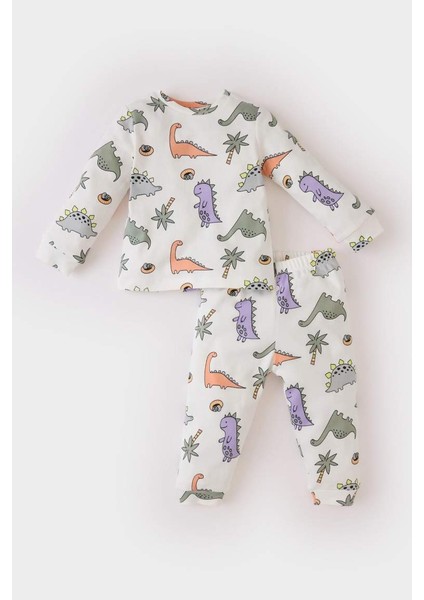 Yeni Sezon Erkek Bebek Pijama Takımı Dinazor Baskılı Uzun Kollu Üst Beli Lastikli Uzun Alt