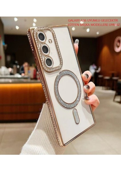 Samsung Galaxy A36 - 5g Şeffaf Kılıf Taşlı Lens Koruma Magsafe Uyumlu Şık ve Parlak Tasarım – Kristal Şeffaf Kapak
