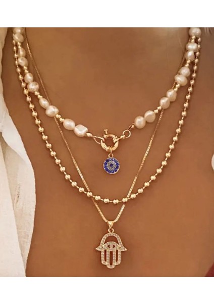 Çelik Fatma Ana Eli ve Incili 3'lü Kolye