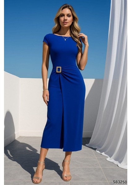 Kadın Sandy Kumaş Metal Toka Detaylı Midi Boy Elbise