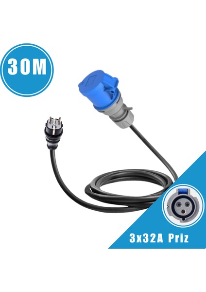 Karavan Elektrik Girişi Uzatma Kablosu 30 Metre 2x16A Fiş - 3x32A Priz
