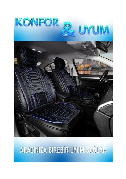 Ford Focus 5 Uyumlu Lüks Deri Oto Koltuk Kılıfı Ön Arka Set Siyah Mavi Marjinal Model Mk