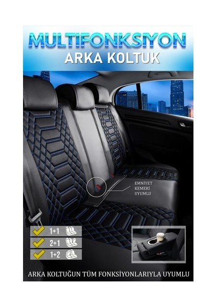 Ford Focus 5 Uyumlu Lüks Deri Oto Koltuk Kılıfı Ön Arka Set Siyah Mavi Marjinal Model Mk