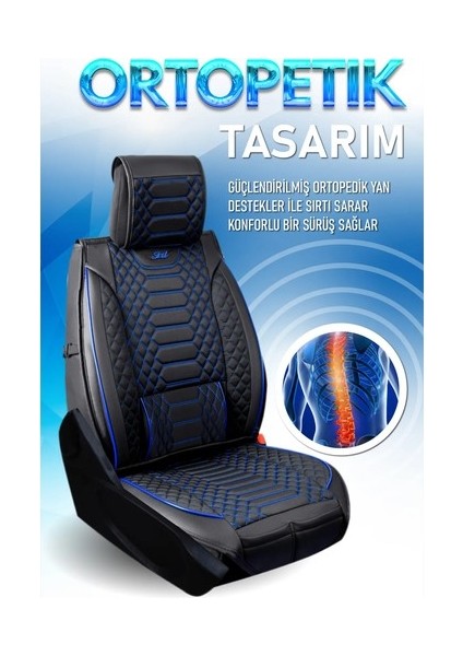 Ford Focus 5 Uyumlu Lüks Deri Oto Koltuk Kılıfı Ön Arka Set Siyah Mavi Marjinal Model Mk