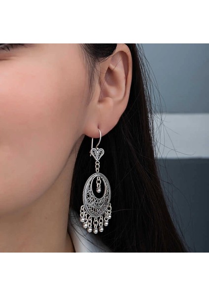 Gümüş Çember Telkari Sallantılı Kadın Küpe