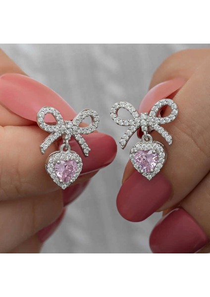 Gümüş Fiyonk Pembe Taşlı Kalpli Çivili Kadın Küpe
