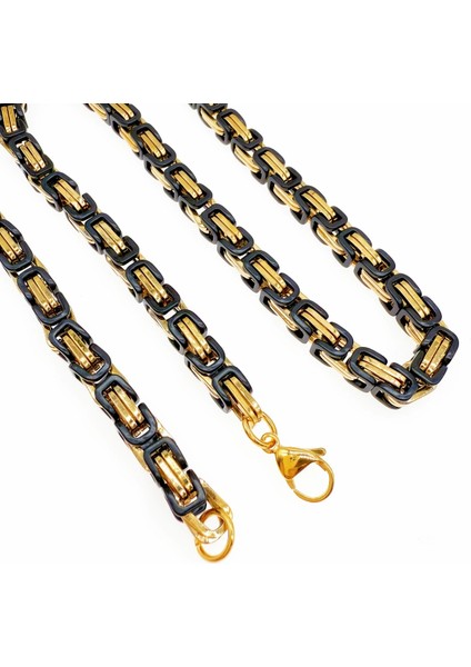 Çelik Kolye Kral Zincir Model 0.5 mm Kalınlık 55 cm Uzunluk Bizans Bağlantı Altın Sarısı Gold Siyah Black