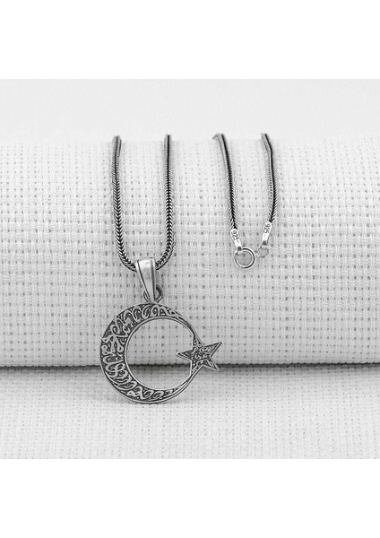 Ay Yıldız Tasarımlı Kelimeyi Tevhid Yazılı 925 Ayar Gümüş Erkek Kolye