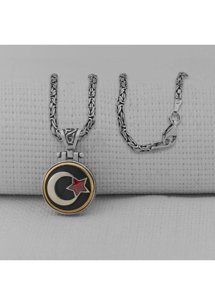 Ay Yıldız Ortası Dönen Kral Zincir 925 Ayar Gümüş Erkek Kolye