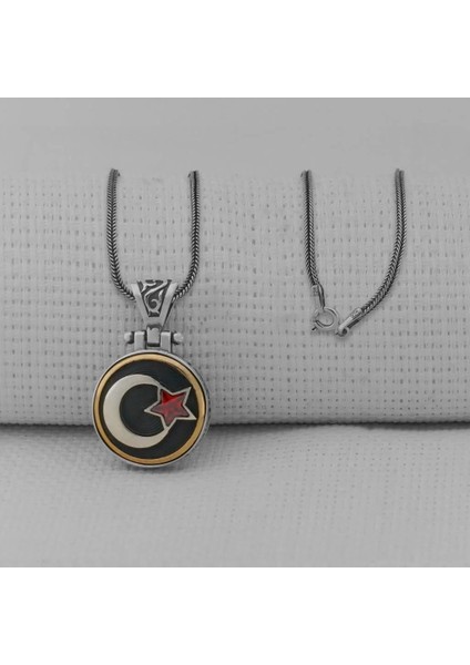 Ay Yıldız Ortası Dönen 925 Ayar Gümüş Erkek Kolye