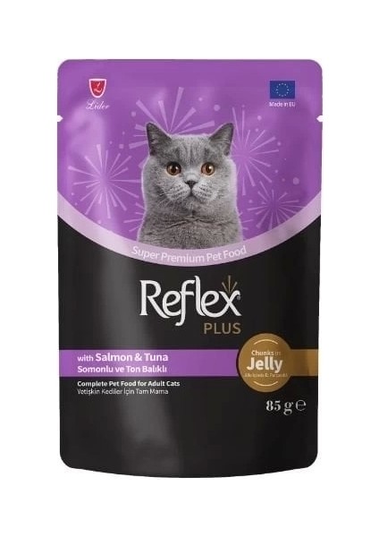 Reflex Plus Jöle Içinde Somonlu ve Ton Balıklı Pouch Yetişkin Konserve Kedi Maması 85 gr