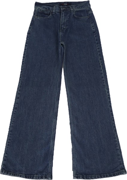 Fistan Store Kadın Koyu Mavi Yüksek Bel Rahat Kesim Ispanyol Paça Jean Pantolon