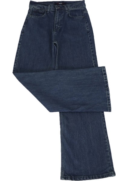 Fistan Store Kadın Koyu Mavi Yüksek Bel Rahat Kesim Ispanyol Paça Jean Pantolon