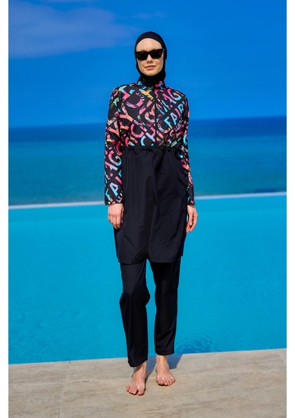 Siyah Tesettür Mayo 4 Parça Su Geçirmez Polyester Düz Renk Kadın Yaz Modası