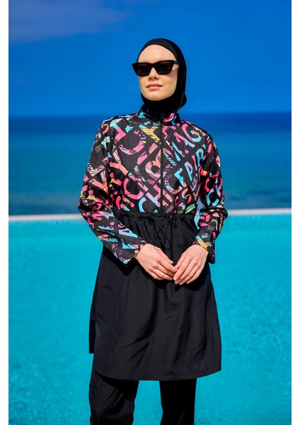 Siyah Tesettür Mayo 4 Parça Su Geçirmez Polyester Düz Renk Kadın Yaz Modası fiyatları