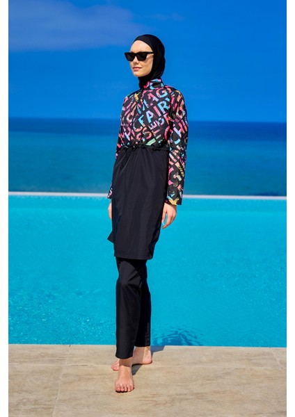 Siyah Tesettür Mayo 4 Parça Su Geçirmez Polyester Düz Renk Kadın Yaz Modası modelleri