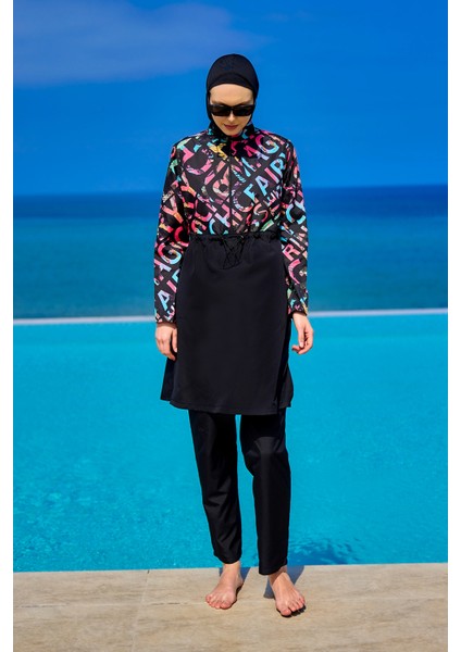 Siyah Tesettür Mayo 4 Parça Su Geçirmez Polyester Düz Renk Kadın Yaz Modası fırsatları