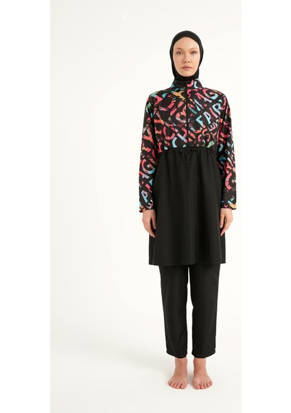 Siyah Tesettür Mayo 4 Parça Su Geçirmez Polyester Düz Renk Kadın Yaz Modası indirimleri