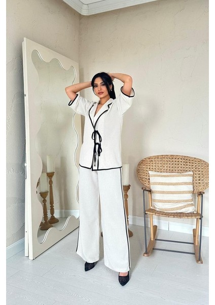 Bej Biye Detaylı Keten Takım