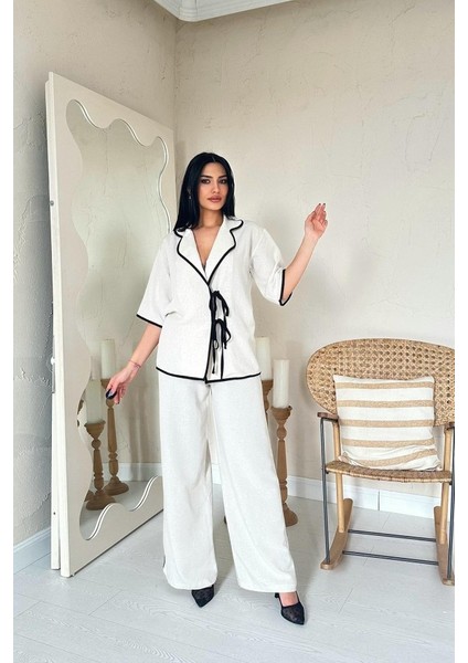 Bej Biye Detaylı Keten Takım fiyatları