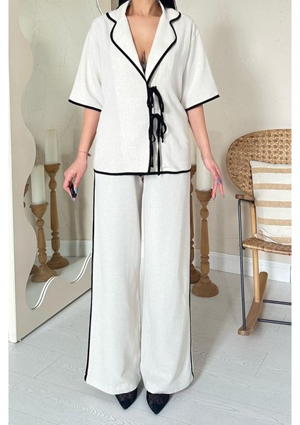 Bej Biye Detaylı Keten Takım modelleri