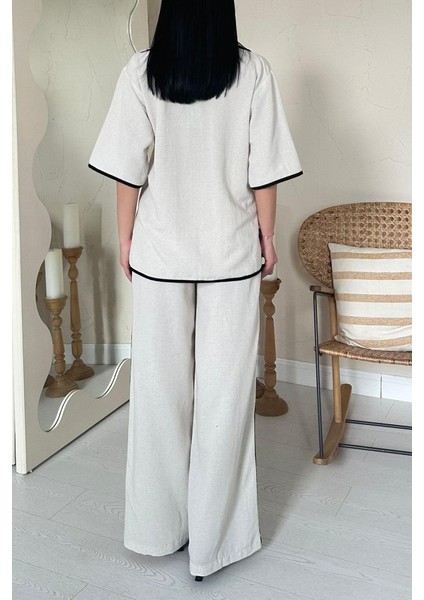 Bej Biye Detaylı Keten Takım fırsatları