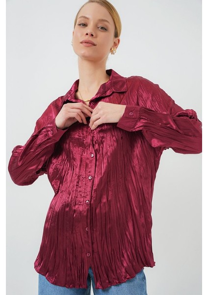 Kırışık Saten Gömlek 20316 - Bordo