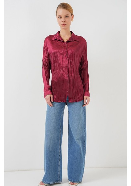Kırışık Saten Gömlek 20316 - Bordo fiyatları