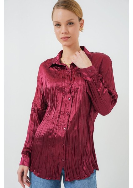 Kırışık Saten Gömlek 20316 - Bordo modelleri
