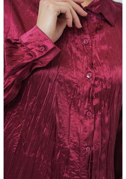 Kırışık Saten Gömlek 20316 - Bordo fırsatları