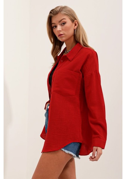 20153 Tek Cepli Oversize Gömlek - Kırmızı fiyatları