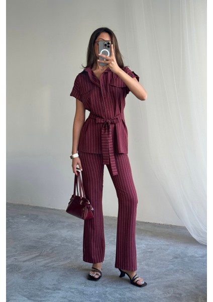 Çizgili Polyviskon Bluz - Pantolon Takım - Bordo