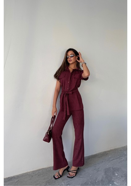 Çizgili Polyviskon Bluz - Pantolon Takım - Bordo fiyatları