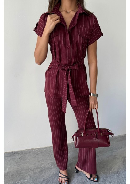 Çizgili Polyviskon Bluz - Pantolon Takım - Bordo modelleri
