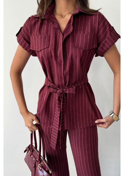 Çizgili Polyviskon Bluz - Pantolon Takım - Bordo fırsatları