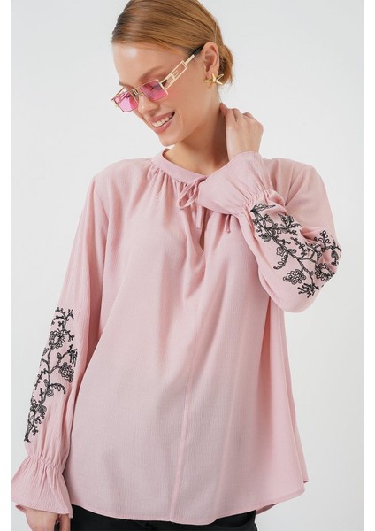 Nakışlı Örme Bluz 941 - Pudra modelleri