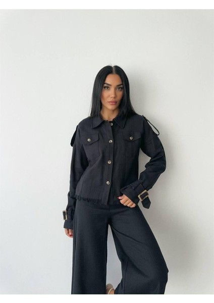 Keten Püskül Detaylı Gömlek-Pantolon Takım - Siyah