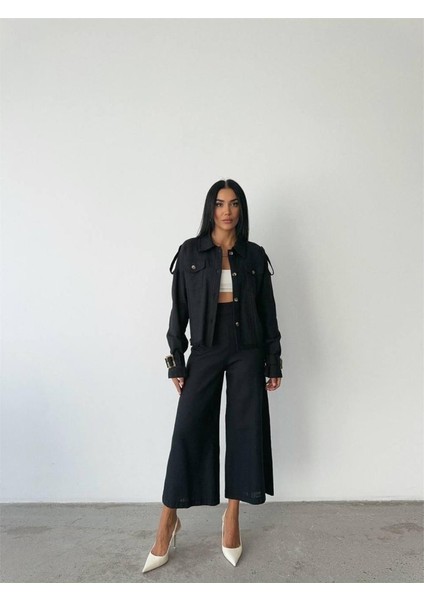 Keten Püskül Detaylı Gömlek-Pantolon Takım - Siyah fiyatları