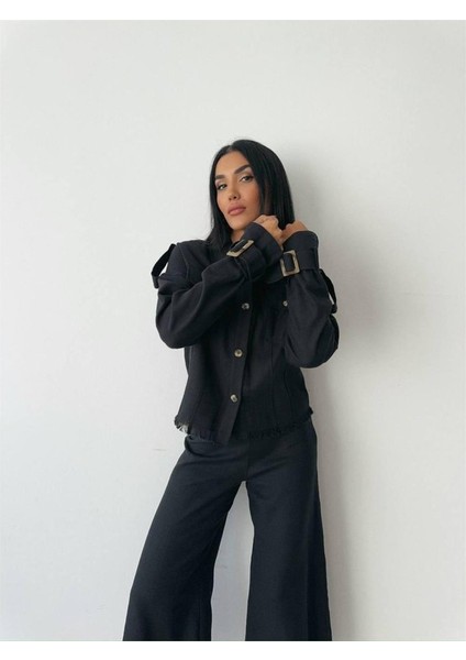 Keten Püskül Detaylı Gömlek-Pantolon Takım - Siyah modelleri