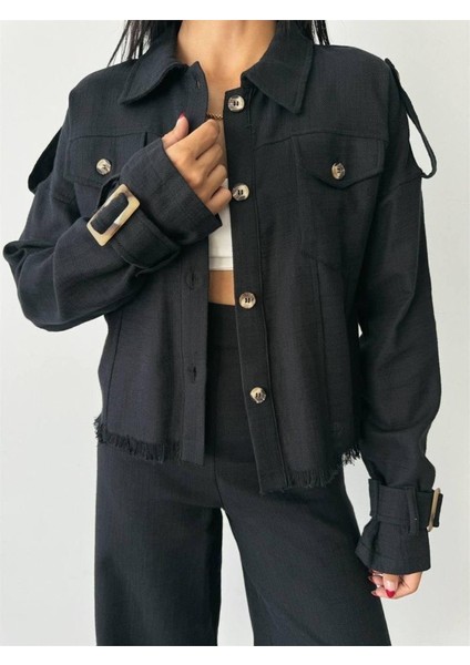 Keten Püskül Detaylı Gömlek-Pantolon Takım - Siyah fırsatları