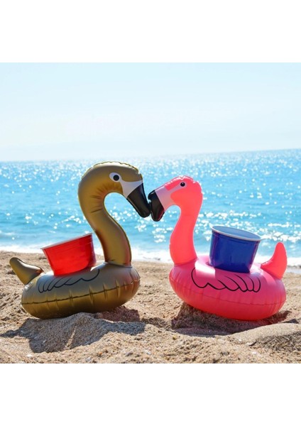 Pembe ve Gold Flamingo Şişme Bardak Tutucu Havuz Partisi Şişme Bardaklık 2'li Set