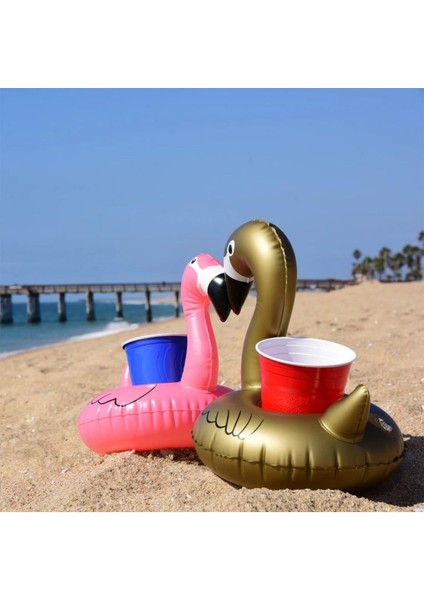 Pembe ve Gold Flamingo Şişme Bardak Tutucu Havuz Partisi Şişme Bardaklık 2'li Set