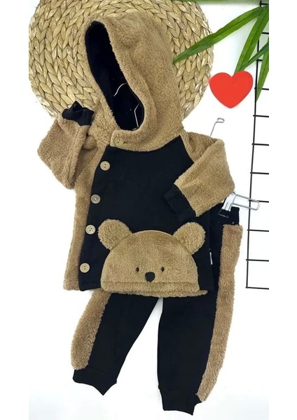 6-12-18-24 Ay Düğme Kapamalı Kapşonlu Ceket Welsoft Detaylı 2li Erkek Bebek Takımı Siyah