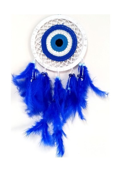 Saks Mavisi Kuş Tüylü Dream Catcher Nazar Boncuğu Motifli Düş Kapanı Duvar Süsü
