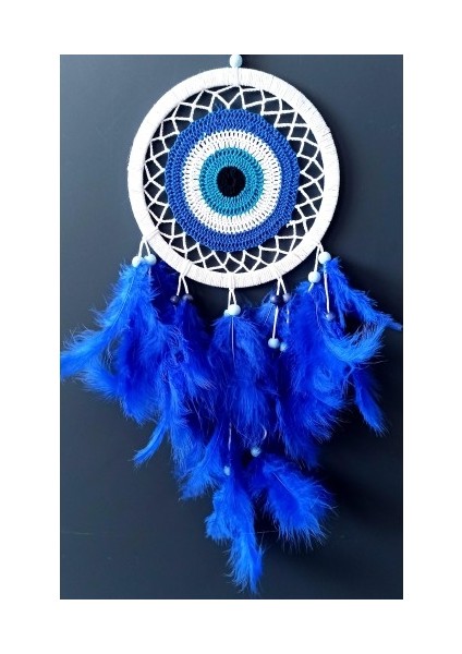 Saks Mavisi Kuş Tüylü Dream Catcher Nazar Boncuğu Motifli Düş Kapanı Duvar Süsü