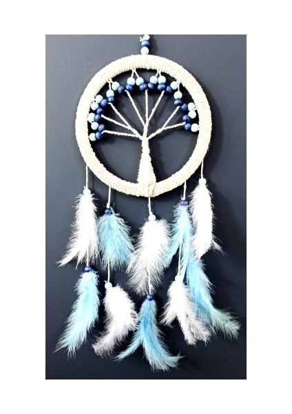 Mavi Beyaz Kuş Tüylü Hayat Ağacı Düş Kapanı Duvar Süsü