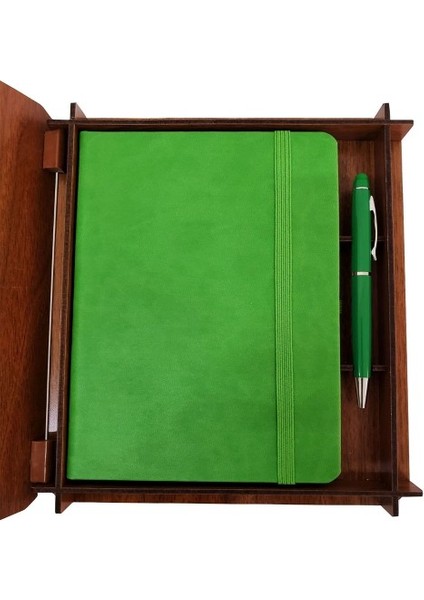 Dekoratif Yeşil Deri Kaplama Defter Ahşap Kutulu Hediyelik Vip Set