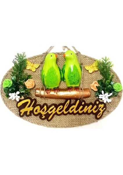 Yeşil Kuşlu Hoşgeldiniz Yazılı Kapı Süsü